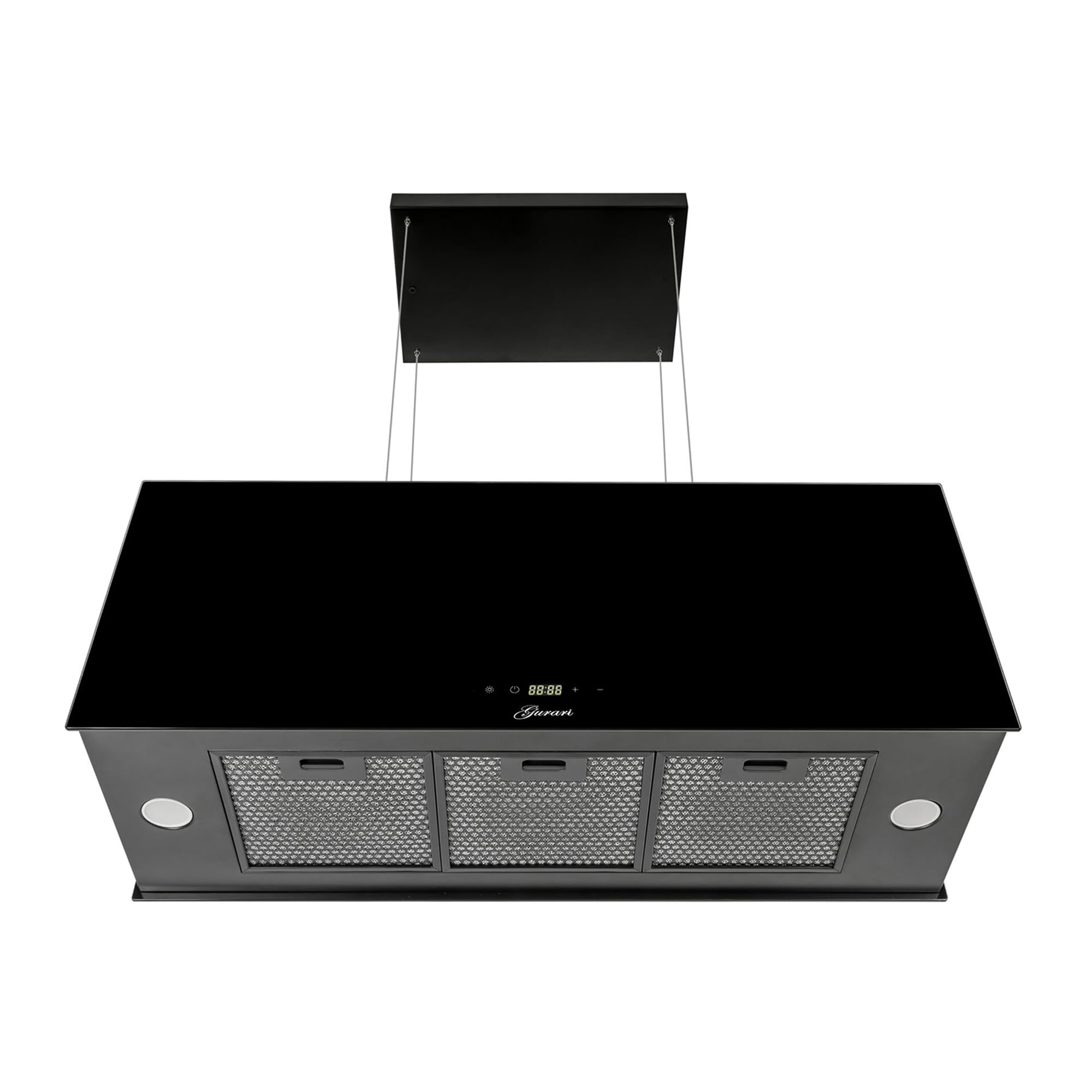 GURARI Okap wyspowy GCH I 333 90 BL Prime, wyspa z termoobiegiem 90 cm, okap sufitowy, 1000 m³/h, czarne szkło, 4 stopnie, wyświetlacz, oświetlenie LED