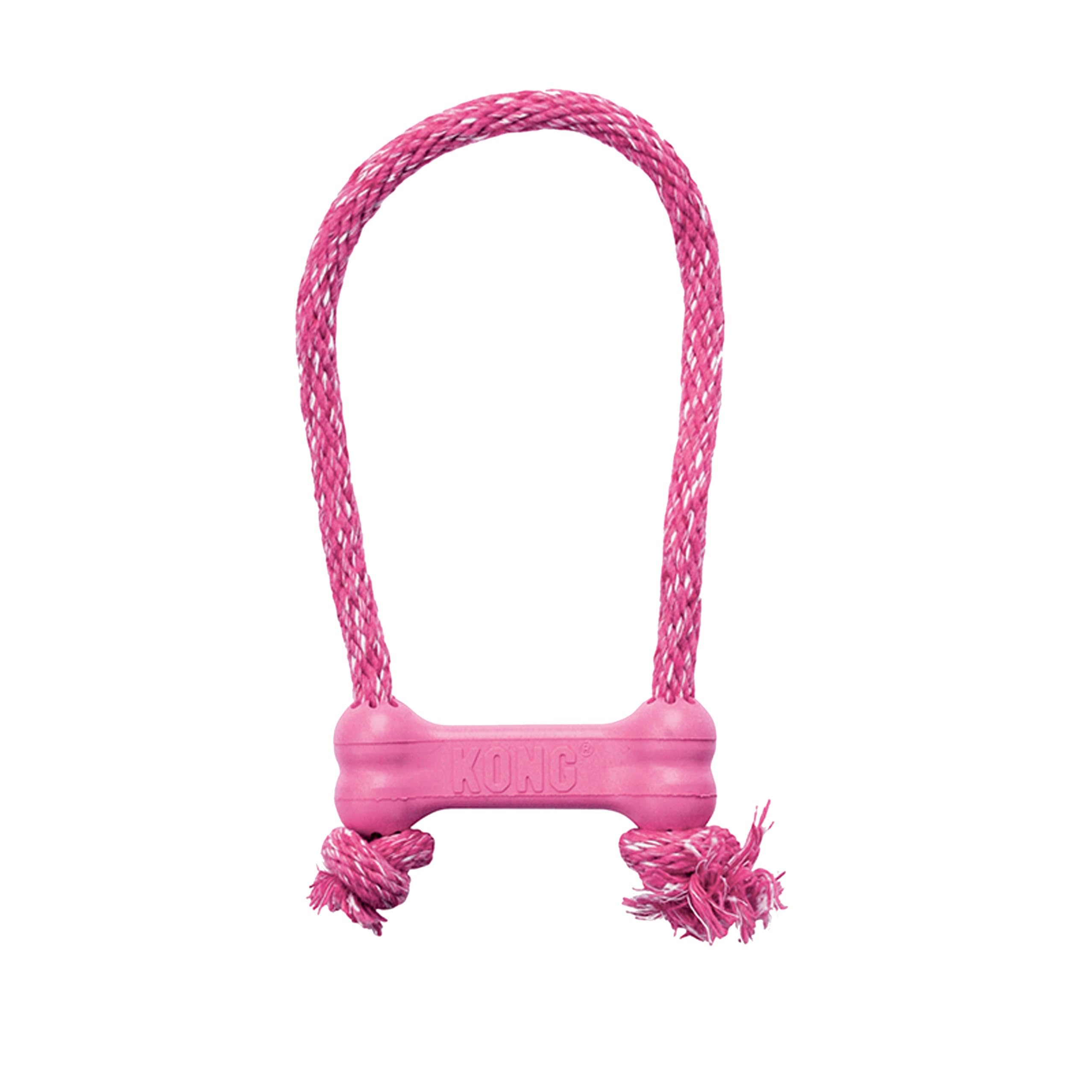 KONG Puppy Goodie Bone with Rope - Natural Rubber Bone with Cotton Rope - Teeth Cleaning Chew Toy for Growing Puppies - for XS Puppies - Pink