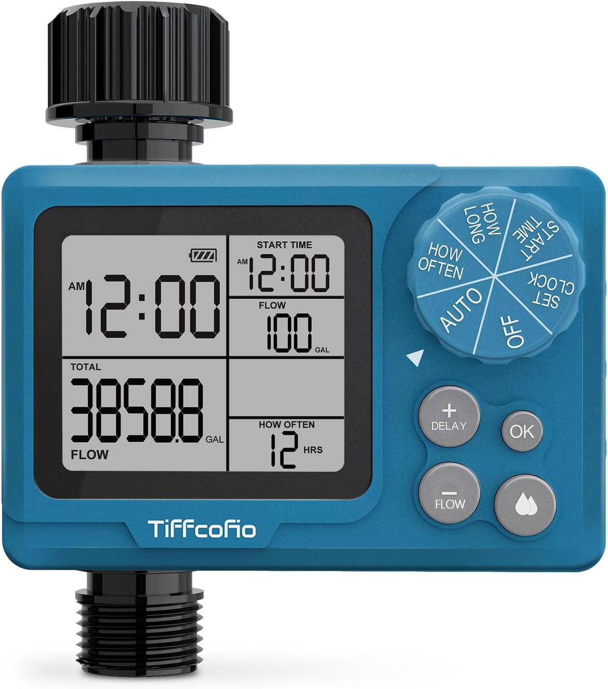 TiFFCOFiO Programmable Water Volume Control Sprinkler Timer, Water Duration Control Hose Timer with Water Meter, Auto and Manual Watering for Irrigation, Garden and Drip System