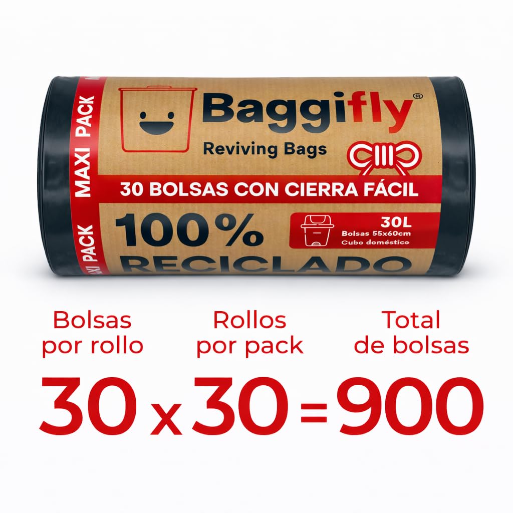 Baggifly Worki na śmieci 30L - 30 rolek po 30 torebek - 100% materiał z recyklingu - wymiary 55 x 60 cm - Idealne do użytku domowego - Super wytrzymałe torby - Z górnym zamknięciem - Szary