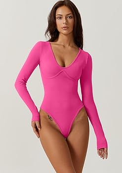 Amazon.com: QINSEN Women's Plunge V Neck Bodysuit Long