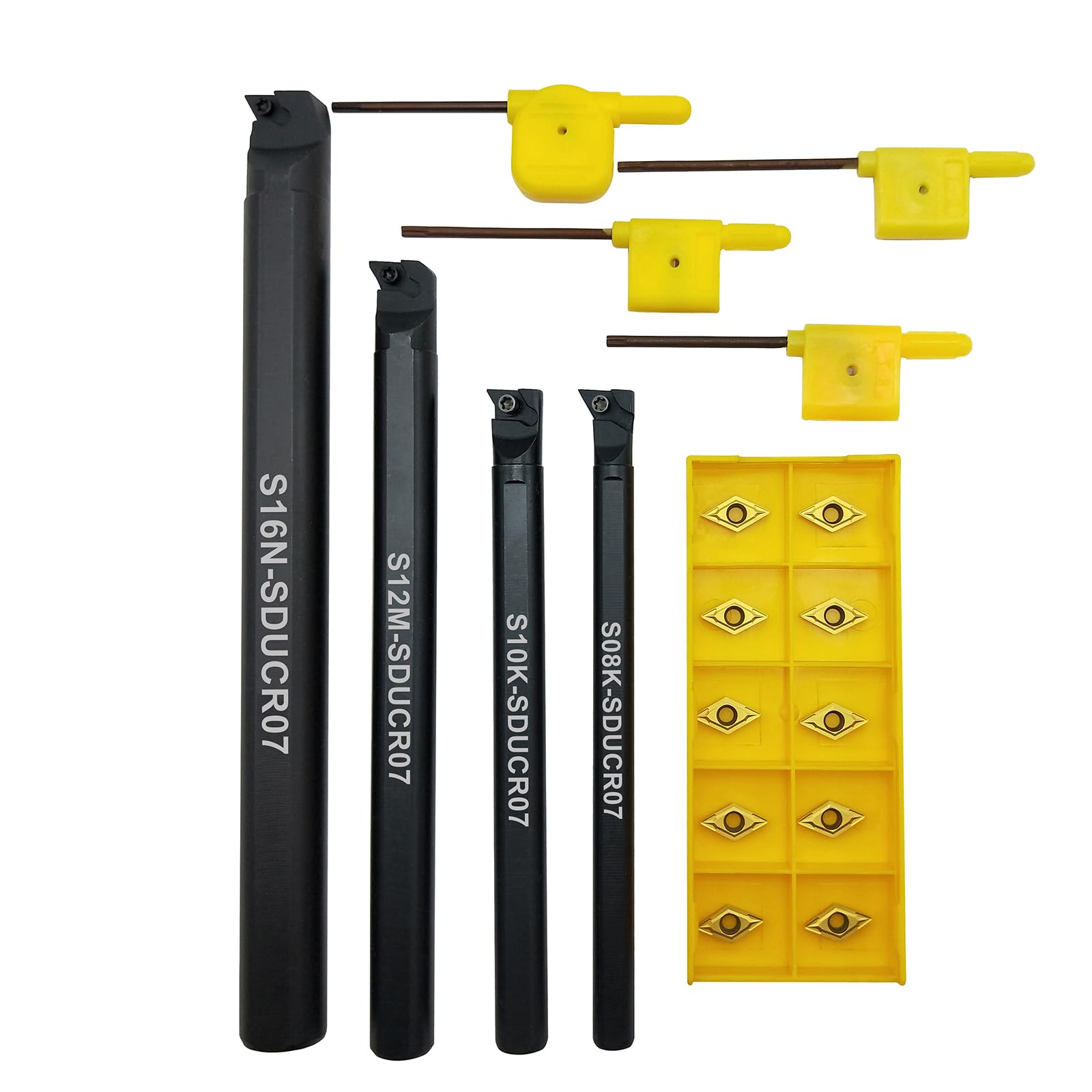 14Stück innenloch drehmeißel S08K/S10K/S12M/S16N-SDUCR07 Indexierbarer CNC-Drehmaschinen-Drehwerkzeughalter-Set，Und 10Stück DCMT070204 DCMT21.51 Drehmaschine Hartmetall-Dreheinsatz