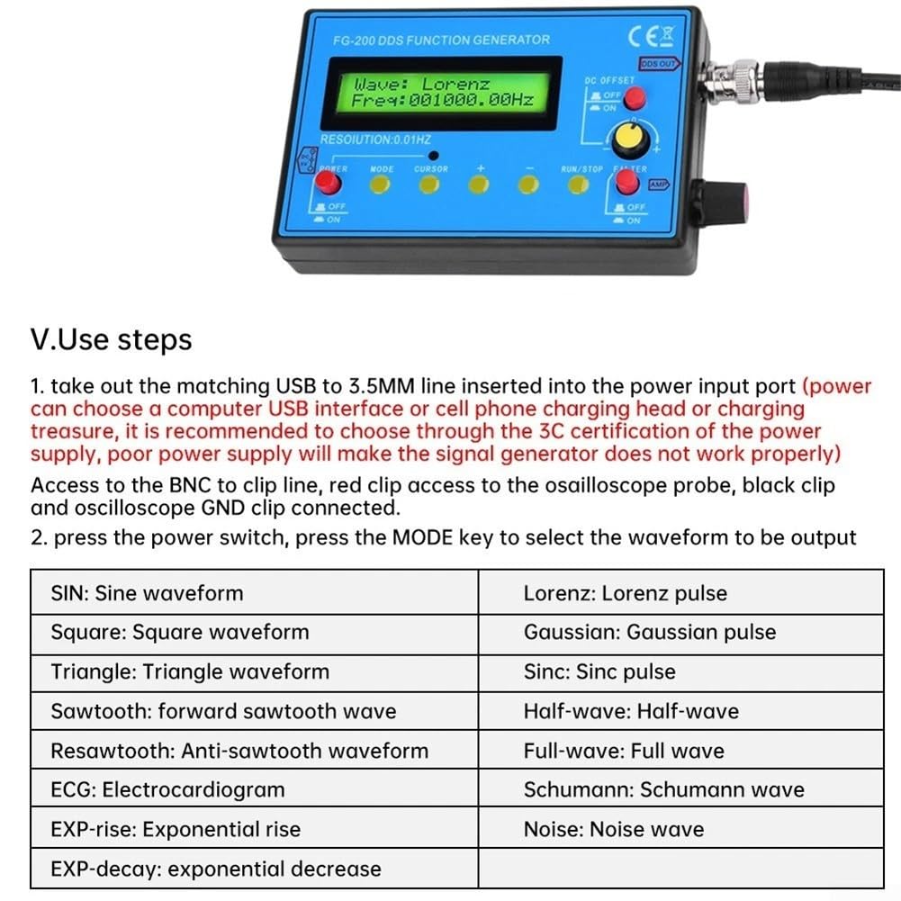 DDS Signalgeneratormodul FG-200 0,01 Hz bis 100 kHz mit 15 Wellenformen für Sinus-Quadrat-Dreieck-Exponential- und Impulsanwendungen