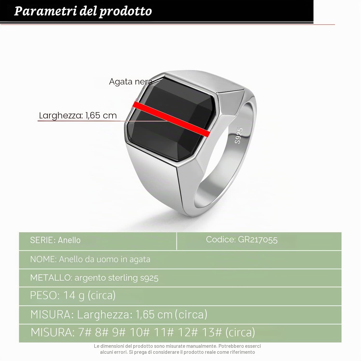 Dankadi Anello in agata nera, grande, 16 mm, 18 mm, rotondo, quadrato in 925, in argento Sterling, semplice gravidanza, 52 – 70 mm, anello di lusso vintage Punk, regalo gioielli per uomo e donna di