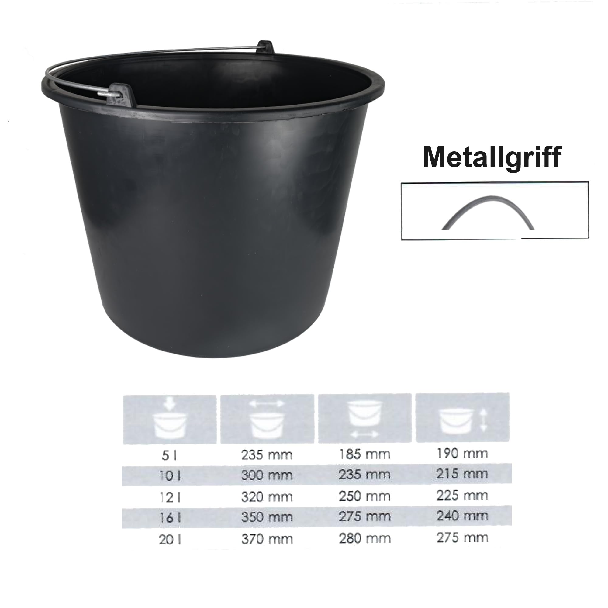 KOTARBAU Set 5 Secchi In Plastica Da 20L - Nero, Per Edilizia, Giardino, Agricoltura, Con Manico In Metallo - 3