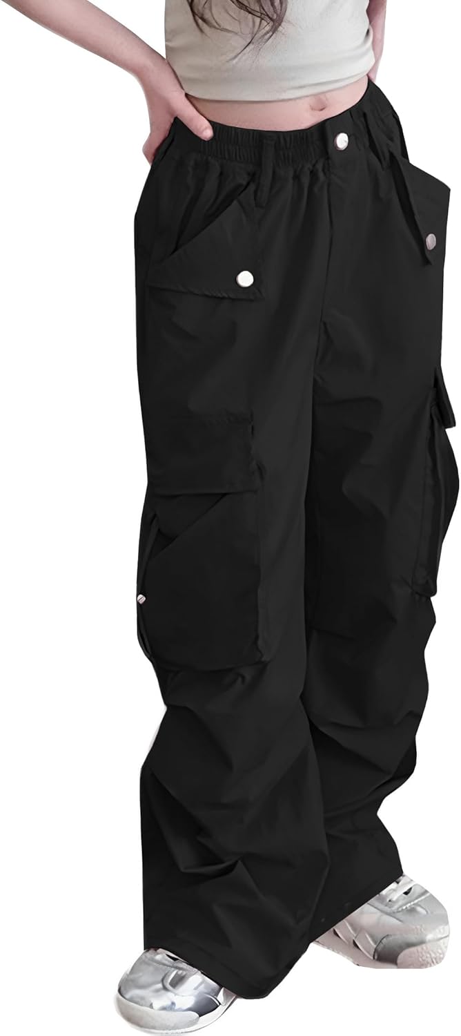 Girls Cargo Parachute Pants Elastic Waist Wide Leg Streetwear Hip Hop Dance Trousers with Pockets - Image 3