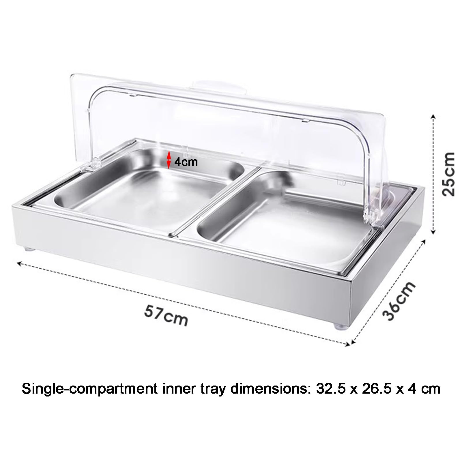 Bandeja transparente para servir alimentos helados, cubierta superior enrollable, recipiente para bufé de mariscos, 2 platos de rejilla para frutas y aperitivos, 4 cm de profundidad