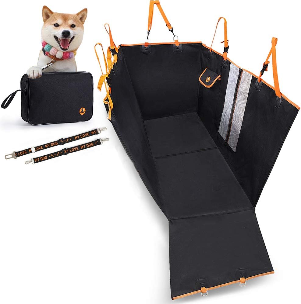 Enkarl Dog Car Seat Cover, Scratch-Resistant, Pet Car Seat Cover with Mesh Window, Storage Bag and Seat Belts, Non-Slip for Cars, Trucks (Black)