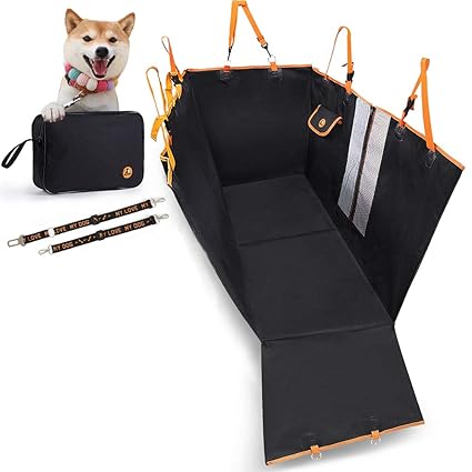 Enkarl Dog Car Seat Cover, Convertible Dog Hammock Scratchproof Pet Car Seat Cover with Mesh Window, Storage Bag and Seat Belts , Durable Nonslip Dog Seat Cover for Cars Trucks SUVs (Black)