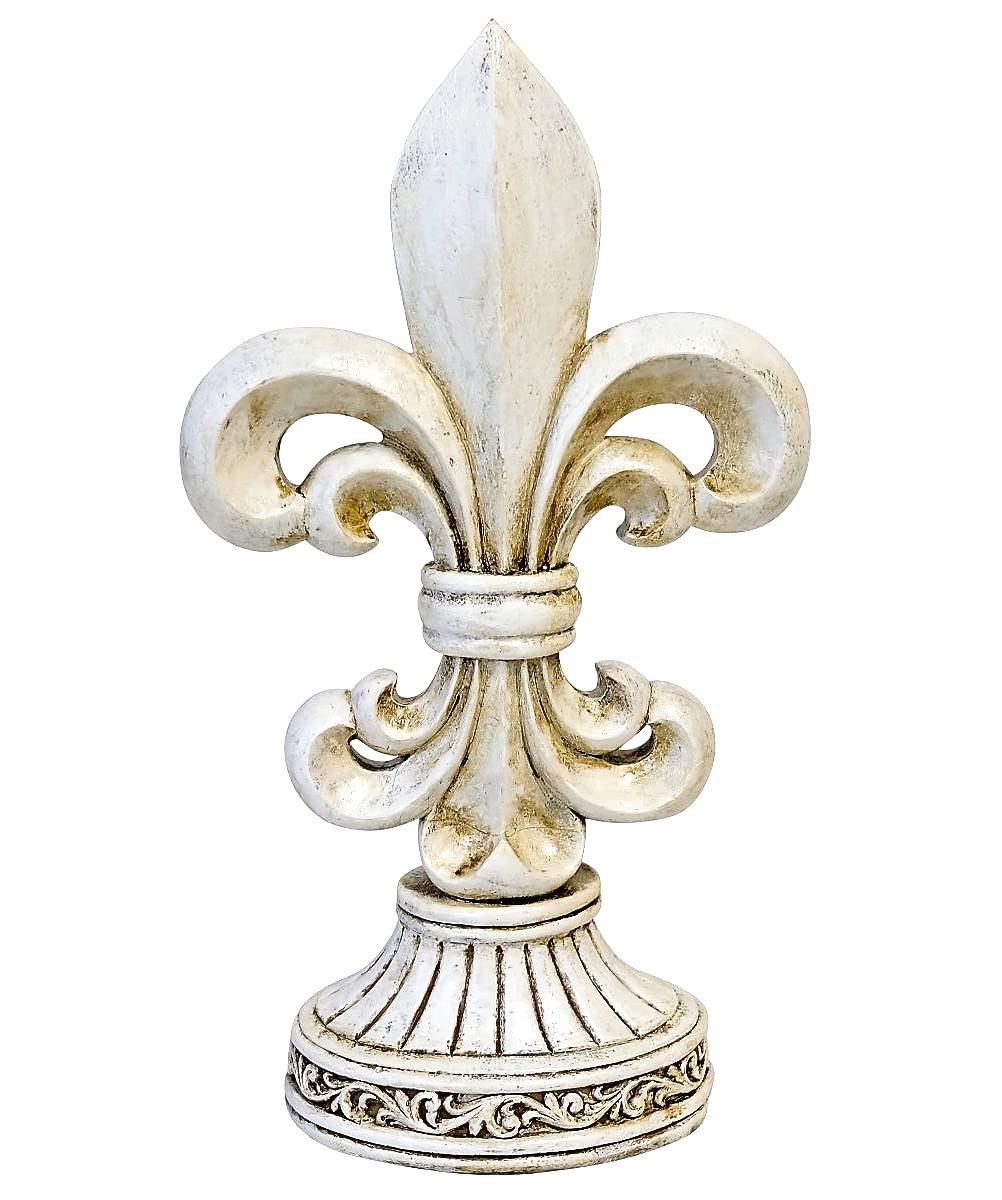 Figurine for Rustic Fleur De Lis FDL Distressed White Freestanding Tabletop Statue Home Décor - Vintage Royal Ornate Style Decoration