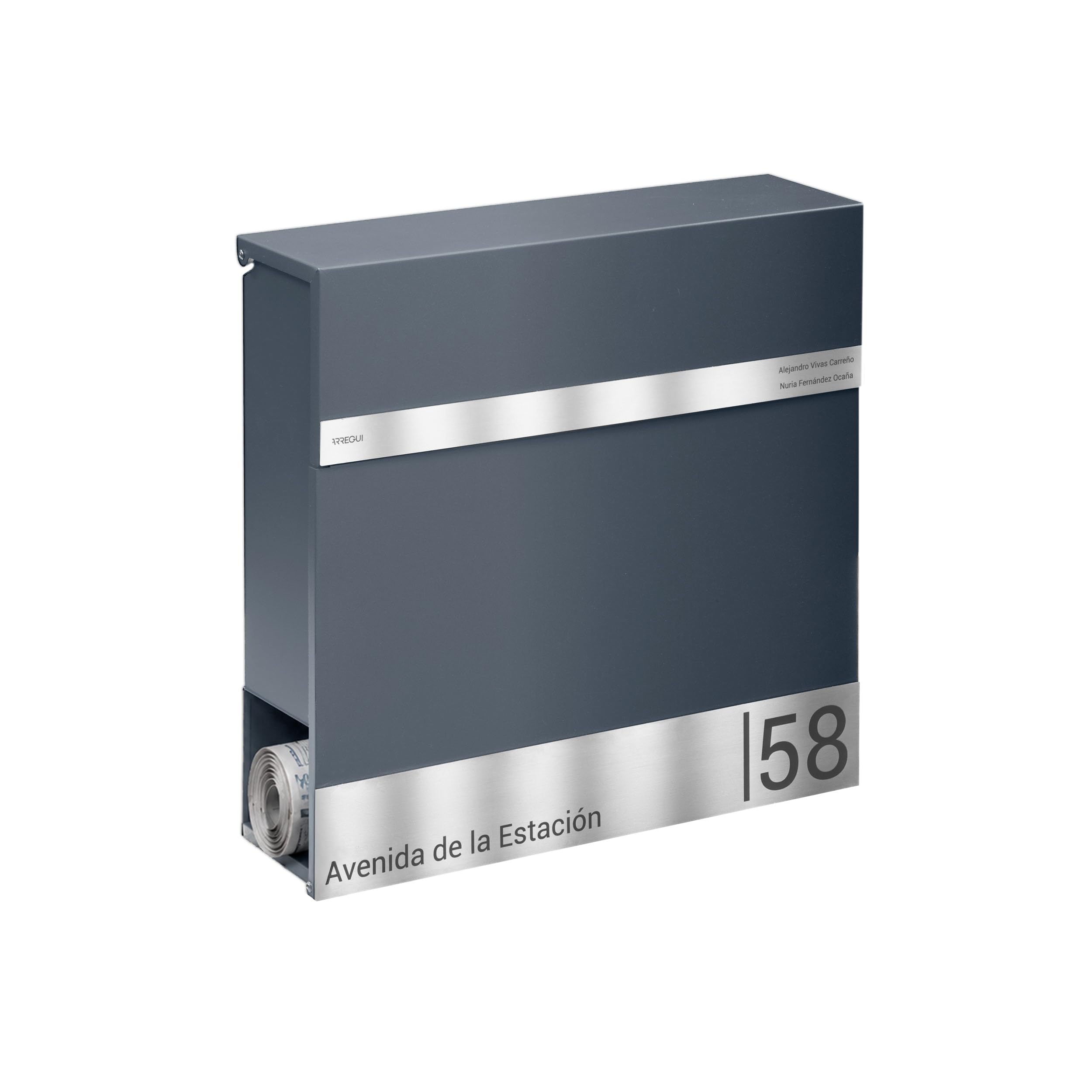 ARREGUI Plate E6525CA Buzón para Exterior Personalizable de Acero Soporte para Periódicos | Buzon de Pared (DIN A4) | Buzón para Casa con Placa de Acero Inoxidable para Nombre y Dirección | Antracita