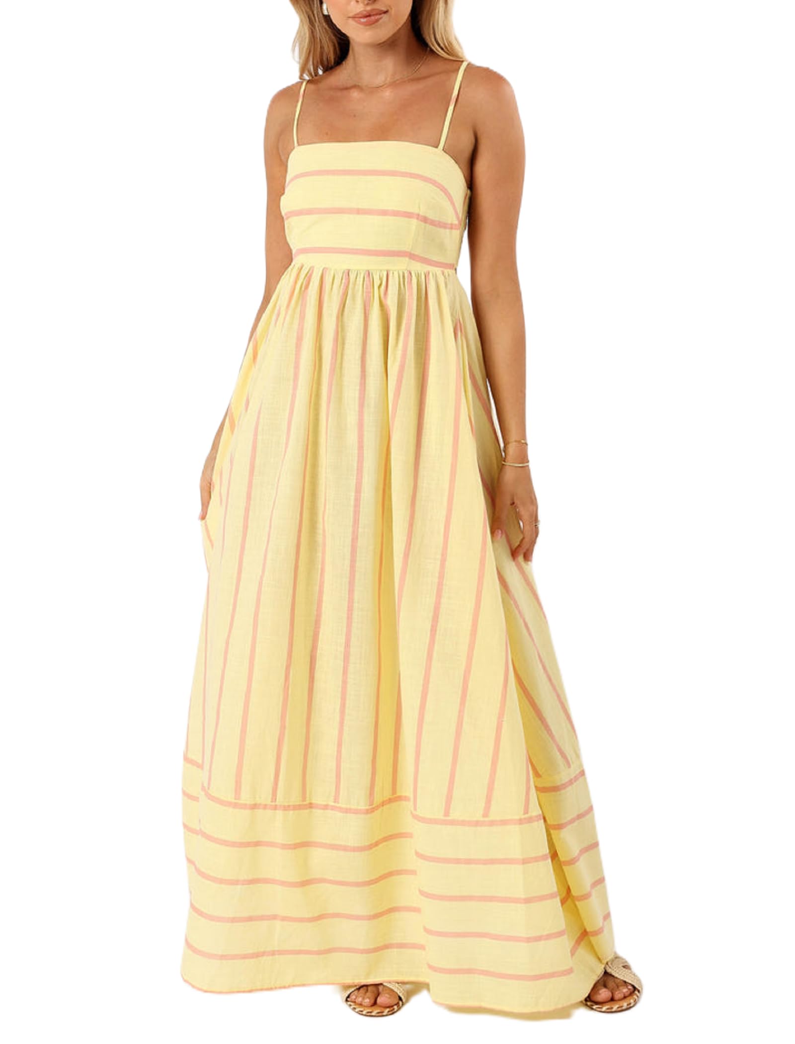 Women Striped Maxi Dress Smocked Backless Spaghetti Strap Long Flowy Dress Sleeveless Boho Aline Sundress
