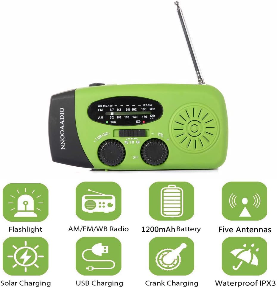 1200mAh Emergency Weather Radio, 3LED Hand Crank Solar Battery Operated Wind Up Radio Flashlight, NOAA AM FM Portable Radio Cell Phone Charger Survival Kit (Green) : Electronics