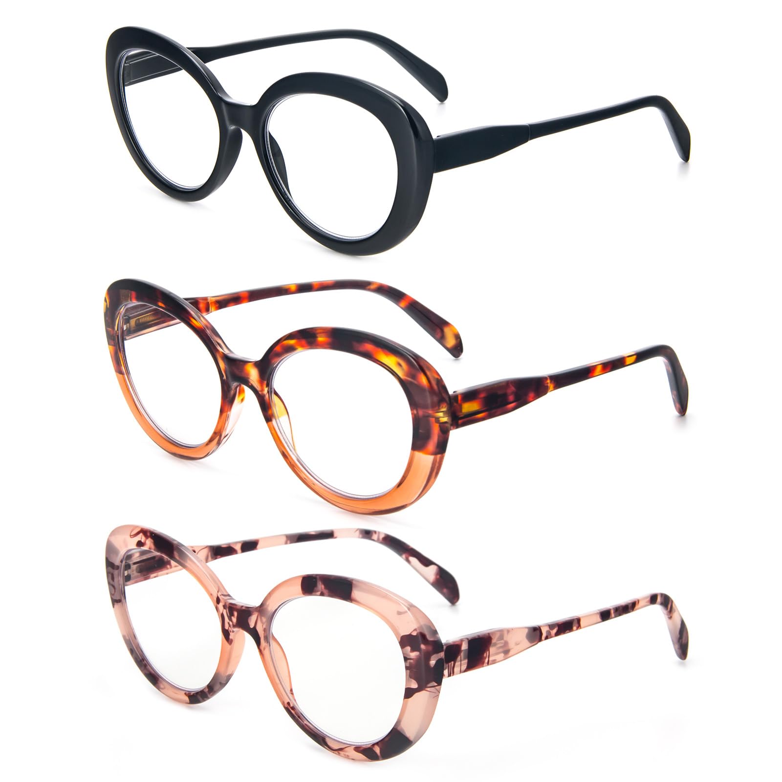 KoKoBin 3 confezioni di occhiali da lettura da donna vintage oversized, lettore di anti-luce blu computer alla moda (Nero/Leopardo Marrone/Rosa Leopardo, 1, x)