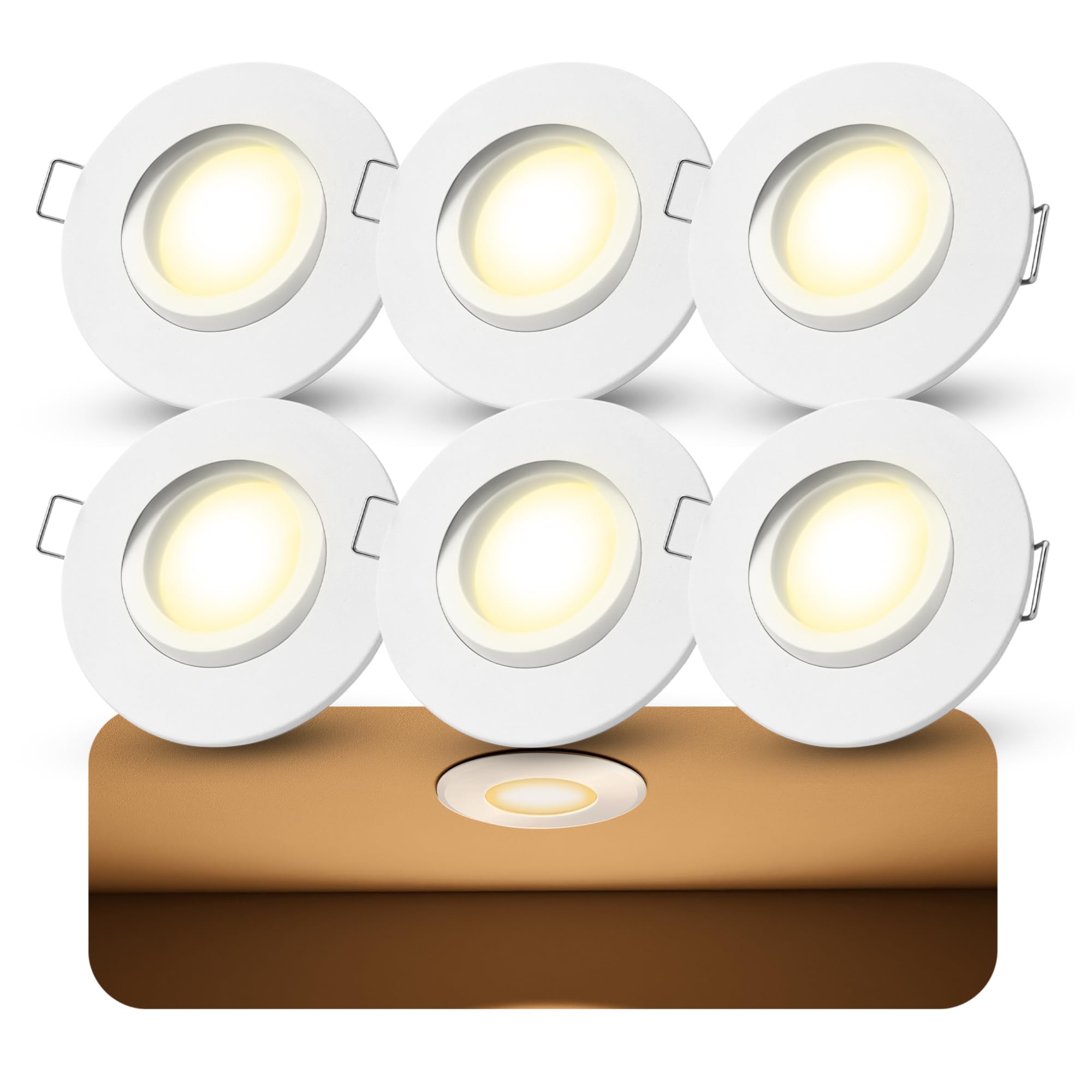SSC-LUXon ORVIA Einbauspot 6er Set weiß schwenkbar IP65 4W warmweiß | Sechs Deckenspots IP65 weiß - 360° schwenkbar, in 4 Stufen dimmbar ohne Dimmer, warmweiß, für Bad & Küche, inkl. GU10 LED