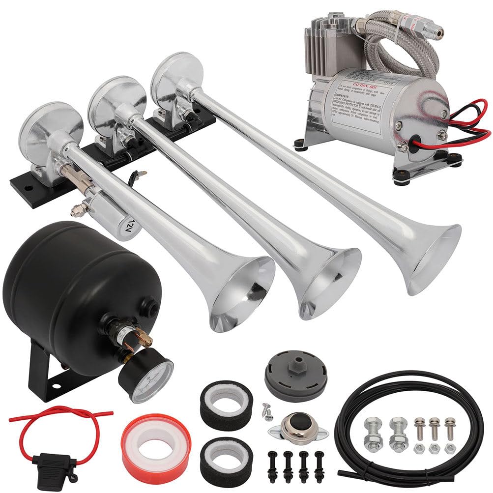 STAYTOP 150db Train Horns 3 Trumpet Electric Train Car Air Horn with 150 PSI Air Compressor 0.5 Gal Tank Full System Kit for 12V Cars Trucks Trains Boats RVs Silver