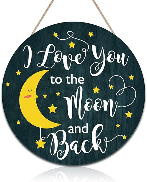 CHDITB Love You to The Moon and Back Wood Sign Wall Decor, Moon Star Wooden Door Hanging Art, Family Love Words Wood Art Plaque for Children Wife Bedroom Nursery (12''x12'')