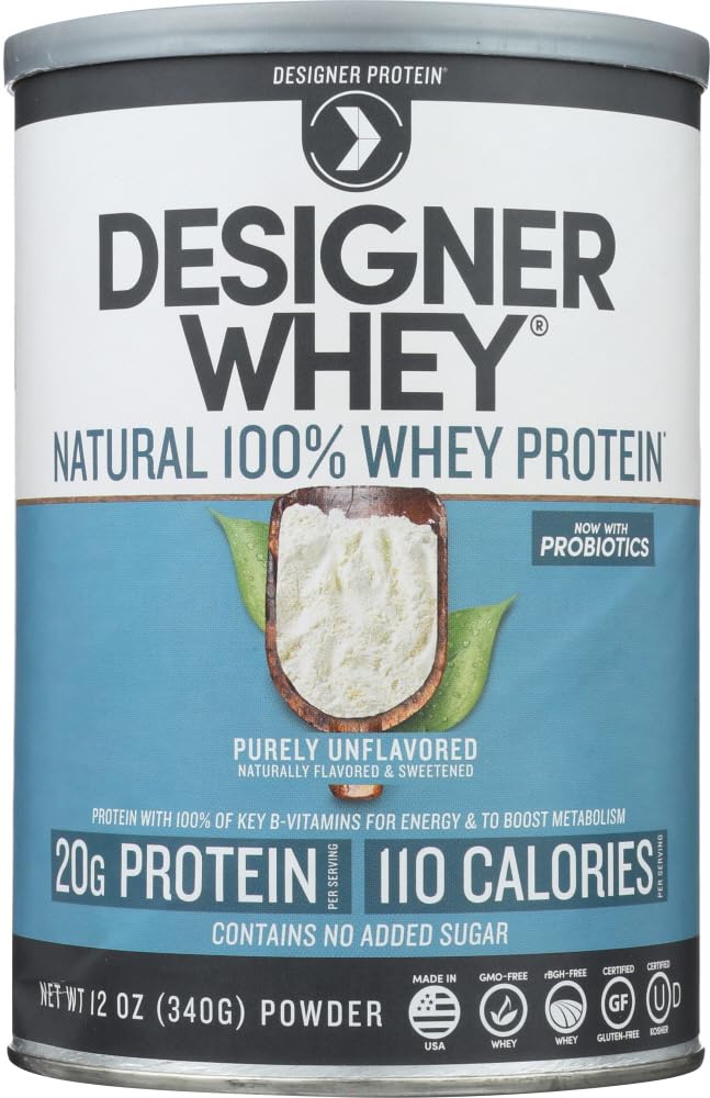 Designer Wellness Designer Whey Natural 100% Whey Protein Powder with Probiotics , Fiber, and Key B-Vitamins for Energy, Gluten-free, Non-GMO, Purely Unflavored 12 oz