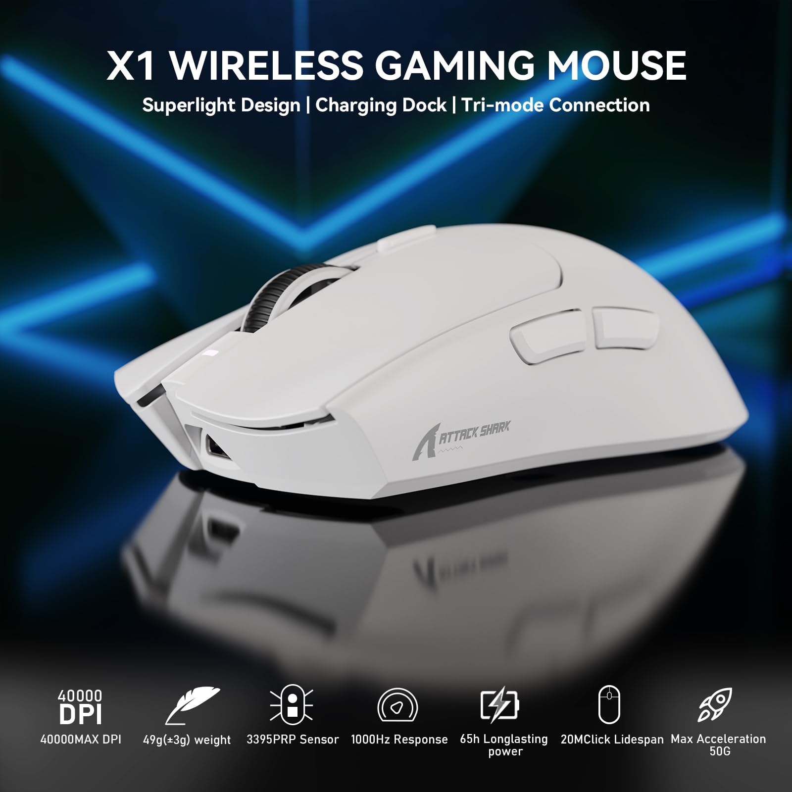 MAMBASNAKE x Attack Shark X1 Ratón Ligero para Juegos FPS con Base de Carga, 49g Superlight, Sensor PAW3395 Pro 40K dpi, Tasa de Sondeo de 1000Hz, BT/2,4G Inalámbrico/Cable, PC/Mac - Blanco