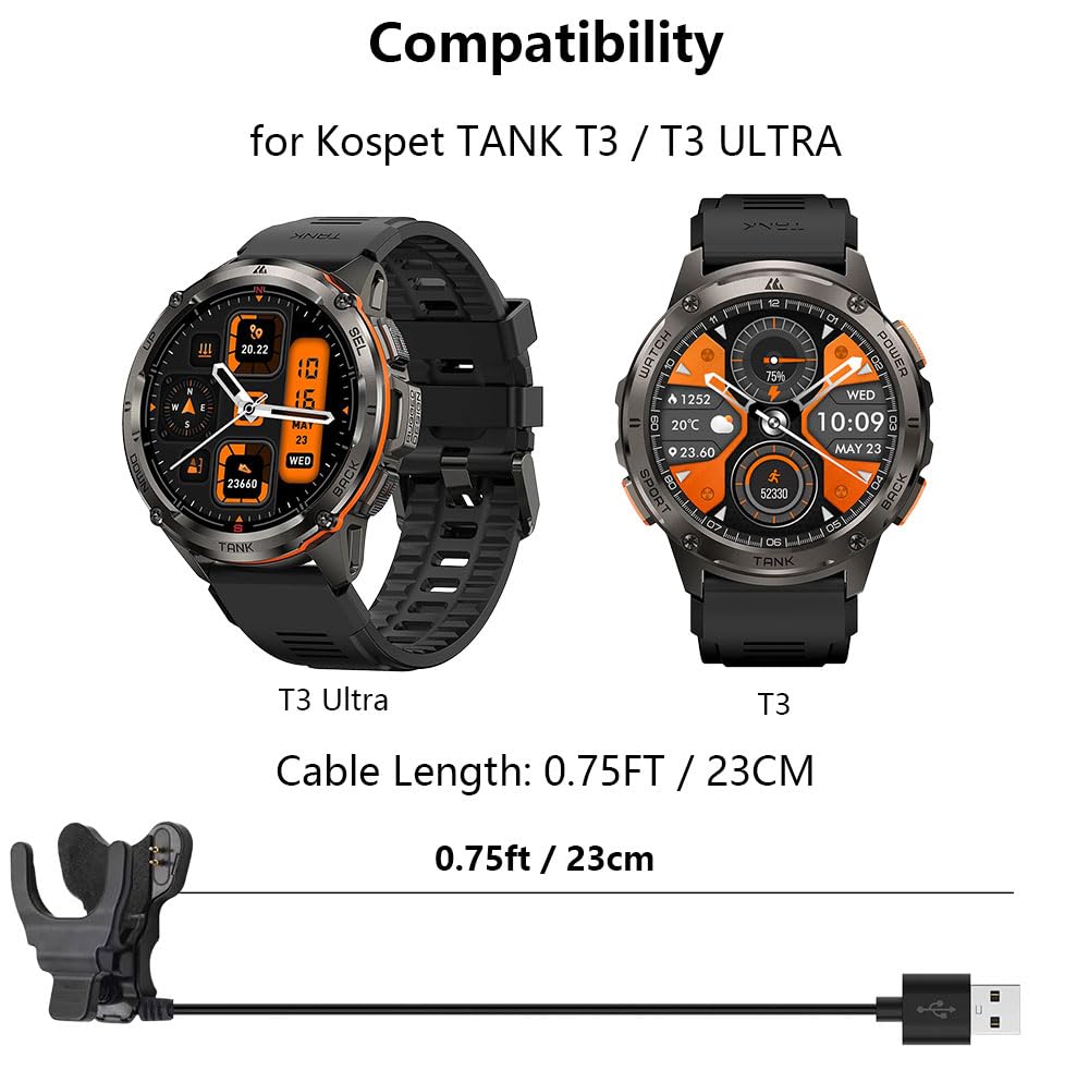[2 Pack] Charger Compatible with Kospet Tank T3 / T3 Ultra, 0.75FT Smart Watch Replacement USB Charging Cable Cord