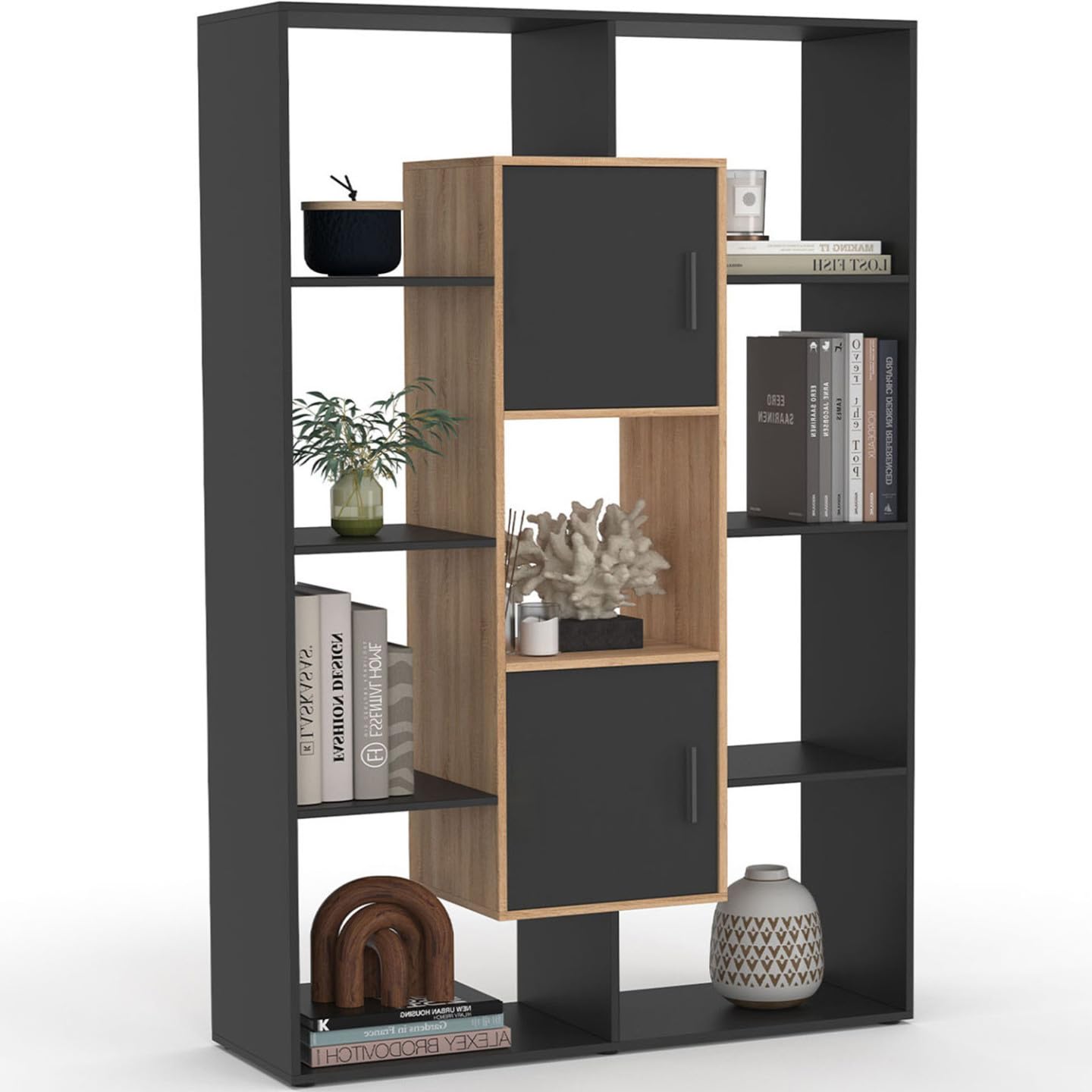 IDMarket – Estantería biblioteca Colette con 11 compartimentos y 2 cajas, color negro y efecto madera, 143 cm