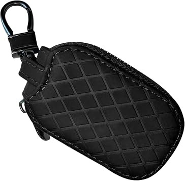Car Key Case, Genuine Leather Remote Key Fob Cover, Keychain Holder with Metal Hook, Universal Vehicle Keyring Zipper Bag Black
