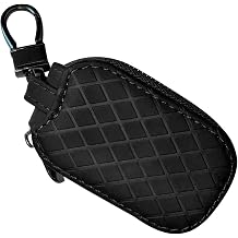 Car Key Case, Genuine Leather Remote Key Fob Cover, Keychain Holder with Metal Hook, Universal Vehicle Keyring Zipper Bag Black