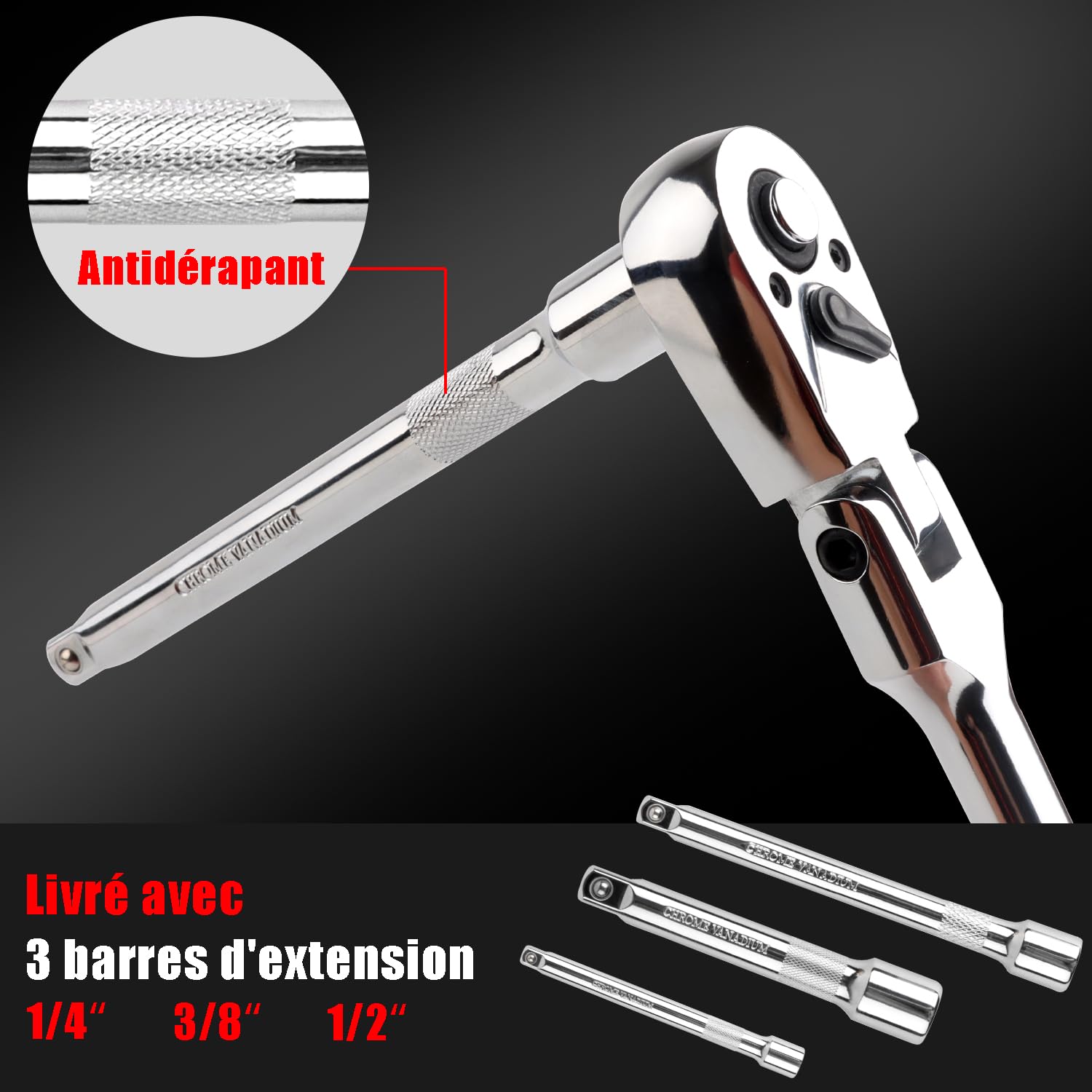 Jeu de 6 clés à cliquet à tête flexible 1/4", 3/8", 1/2