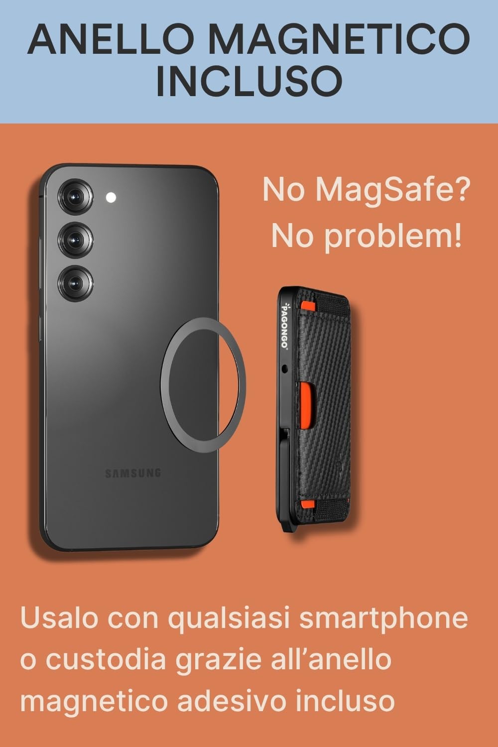 PAGONGO Portafoglio A Scatto Magsafe Apple, per 7 Carte, Wallet, Accessori Magsafe, Portacarte (Con Tasca in Pelle, e Anello Magnetico) - Fibra di Carbonio
