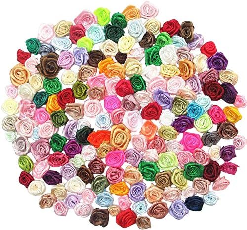 Libiline 200pcs Mix Lots Satin Ribbon Rose Flowers Sewing Craft Ribbon Bows Wedding Decoration