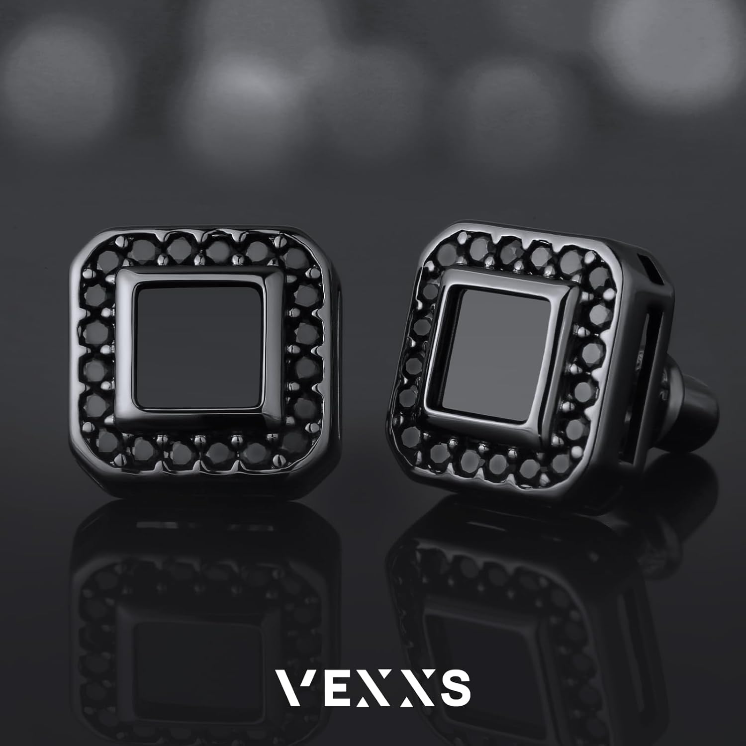 VEXXS Men’s Stud Earrings, S925 Sterling Silver Earrings, 18K Real Gold Plated Diamond Earring, Micro Pave 5A Cubic Zirconia Stones Men’s Black Earring - Image 4