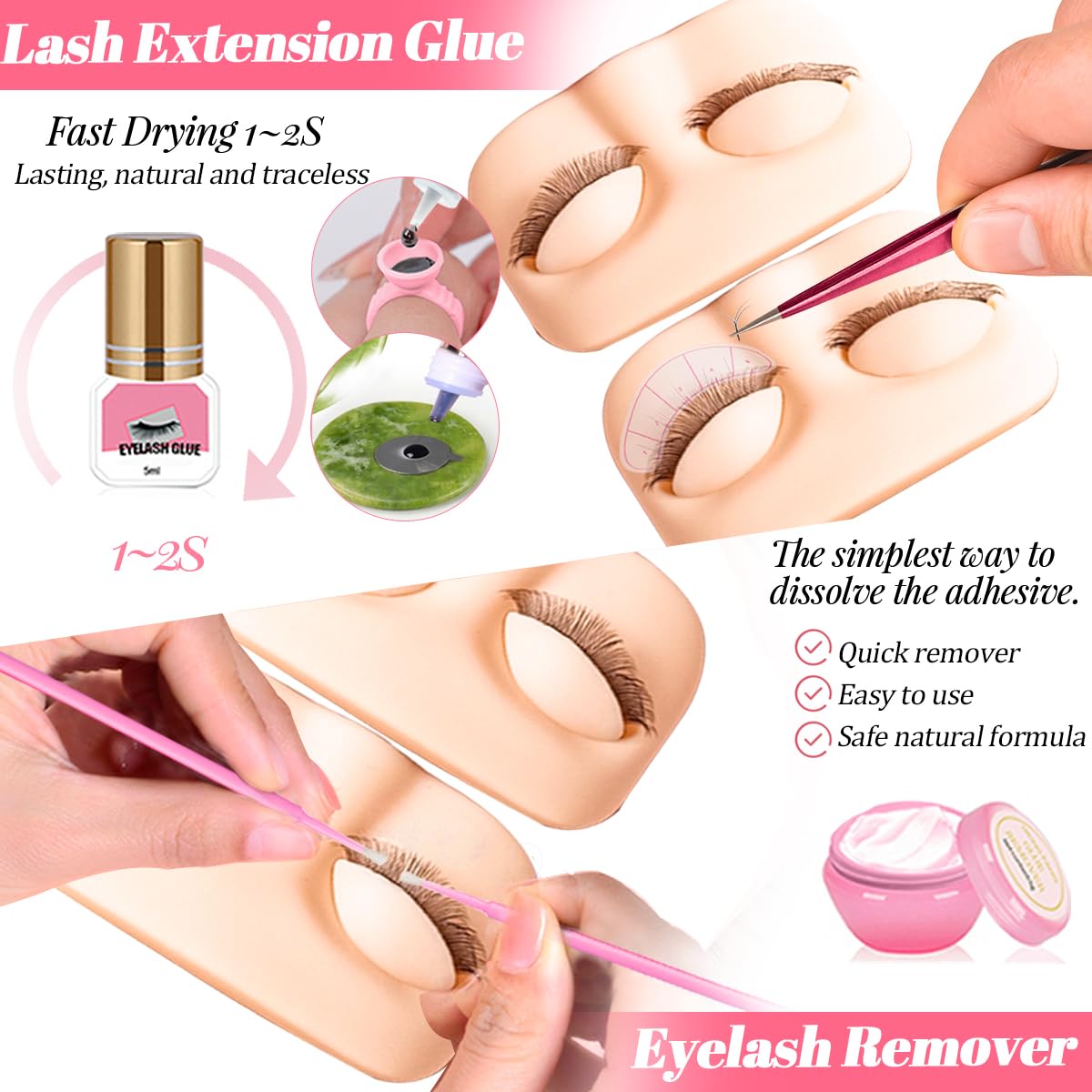 Wimpernverlängerung Set für Anfänger Lash Mannequin Kopf mit Ersetzten Augenlidern Falsche Wimpern Praxis Wimpern Streifen Facial Kleber USB Fan Professional Set