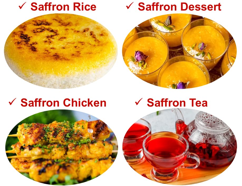 Miniatura 5 de Hilos de azafrán persa prémium  Grado Super Negin (0.14 oz)  100% puro y natural  Color rico, aroma y sabor  Cosechado a mano  Embalado en