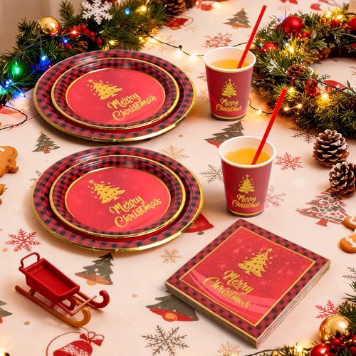 125 PCS Christmas Paper Plates and Cups Party Supplies, Red Christmas Tree Party Paper Plates and Cups, Disposable Tableware Set, Serve for 25 Guests – Image 6