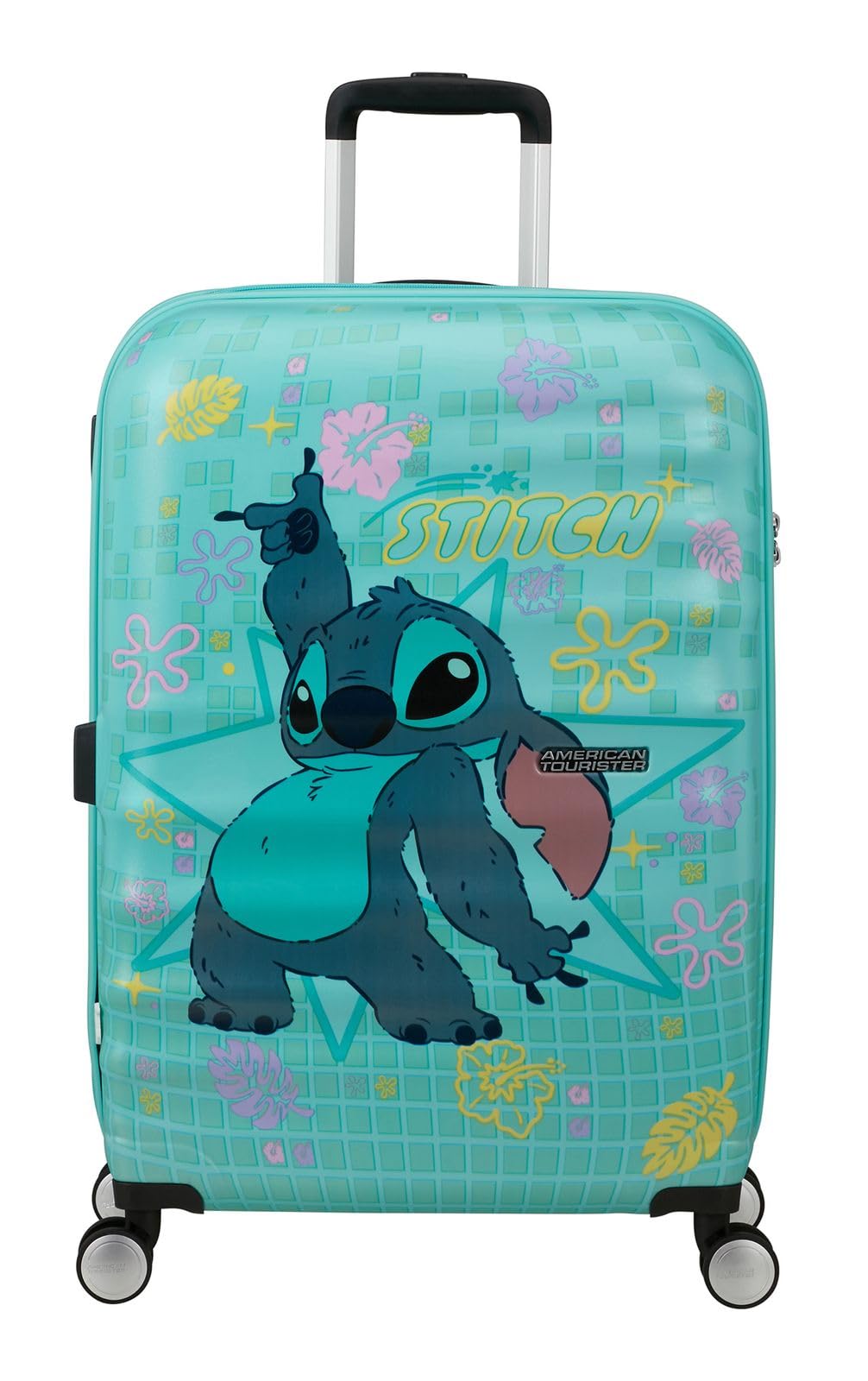American Tourister Wavebreaker Disney - Valigia per bambini Stitch Flower, misura media, 67 cm, custodia rigida con 4 ruote, chiusura TSA, 64 L