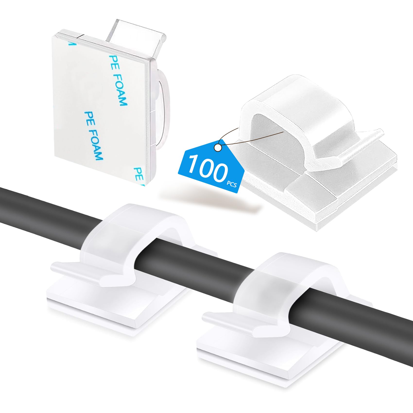 Abnii 100 Stück Kabelhalter Selbstklebend, Kabelclips Schreibtisch für Kabelklemmen Kabelbefestigung Kabelführung Organizer Haken Draht Halter für Kabelmanagement Lichterkette, Groß
