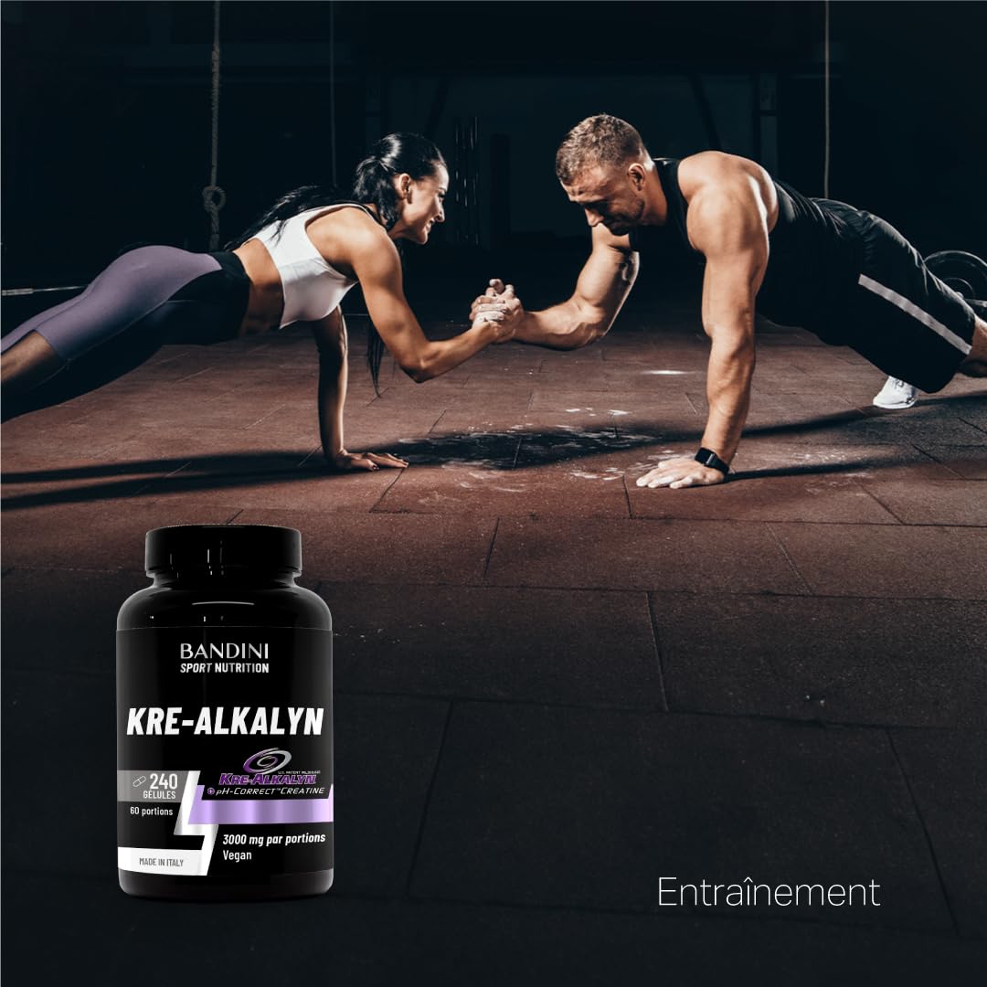 Bandini® Kre-Alkalyn® 240 capsules - Créatine alcaline tamponnée - Booster | Spécial Exercices intenses, Entraînement, Muslces, Sport et Gym - Gélules Végétalien - Monohydrate de creatine tamponnée