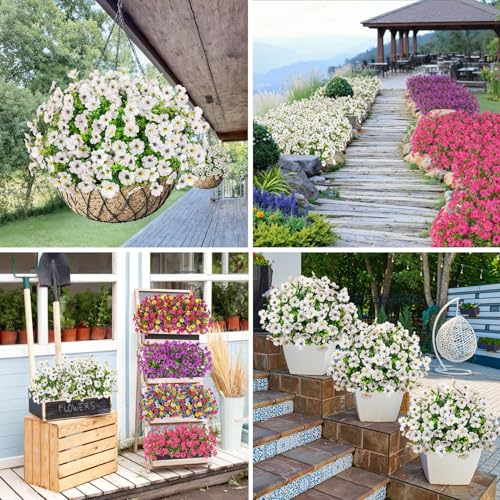 Image of Bassion 24 Bundles Artificial Flowers for Outdoors Fake Flowers, White | UV resistant, silk flowers, realistic faux plants for outdoor planter, window box porch patio garden home outside decor