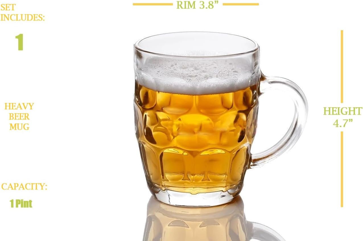 1 Pint Glass Dimpled Beer Mug Set, Heavy British Pub Stein Cup with Handle