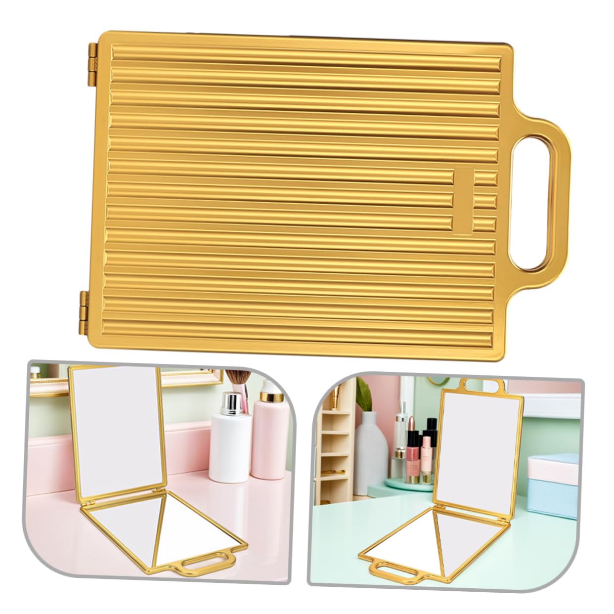 Faltbarer doppelseitiger Friseur Handspiegel Gold mit Ständer Tragbar für Selbsthaarschnitt Ansicht Kompakt Reise Make-up Styling Handtaschenspiegel