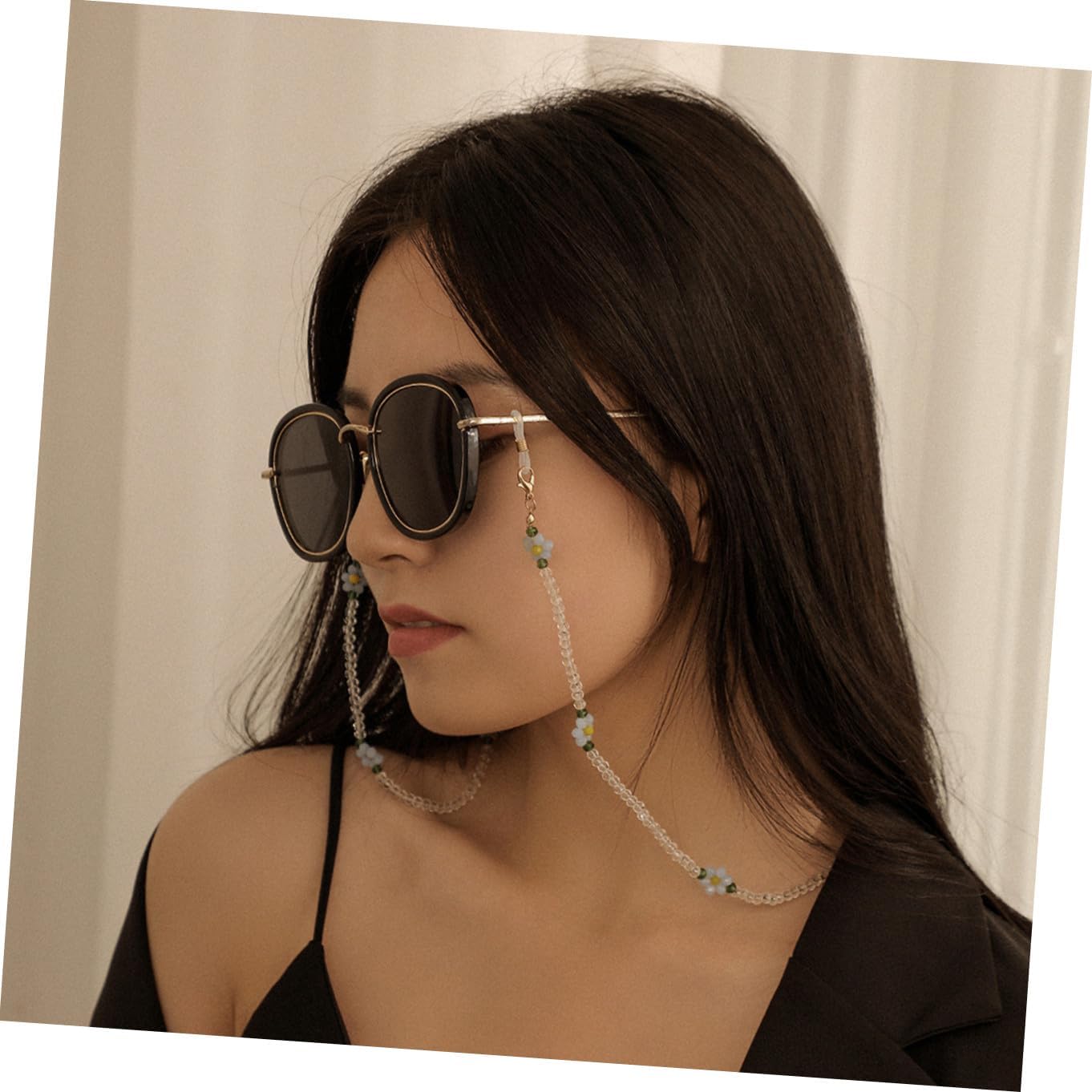 GALPADA Eyeglasses Anti-lost Chain and Mask Hanging Chain with White Crystal Beads Flower Necklace for Women Multi-purpose Lightweight Face Mask Holder