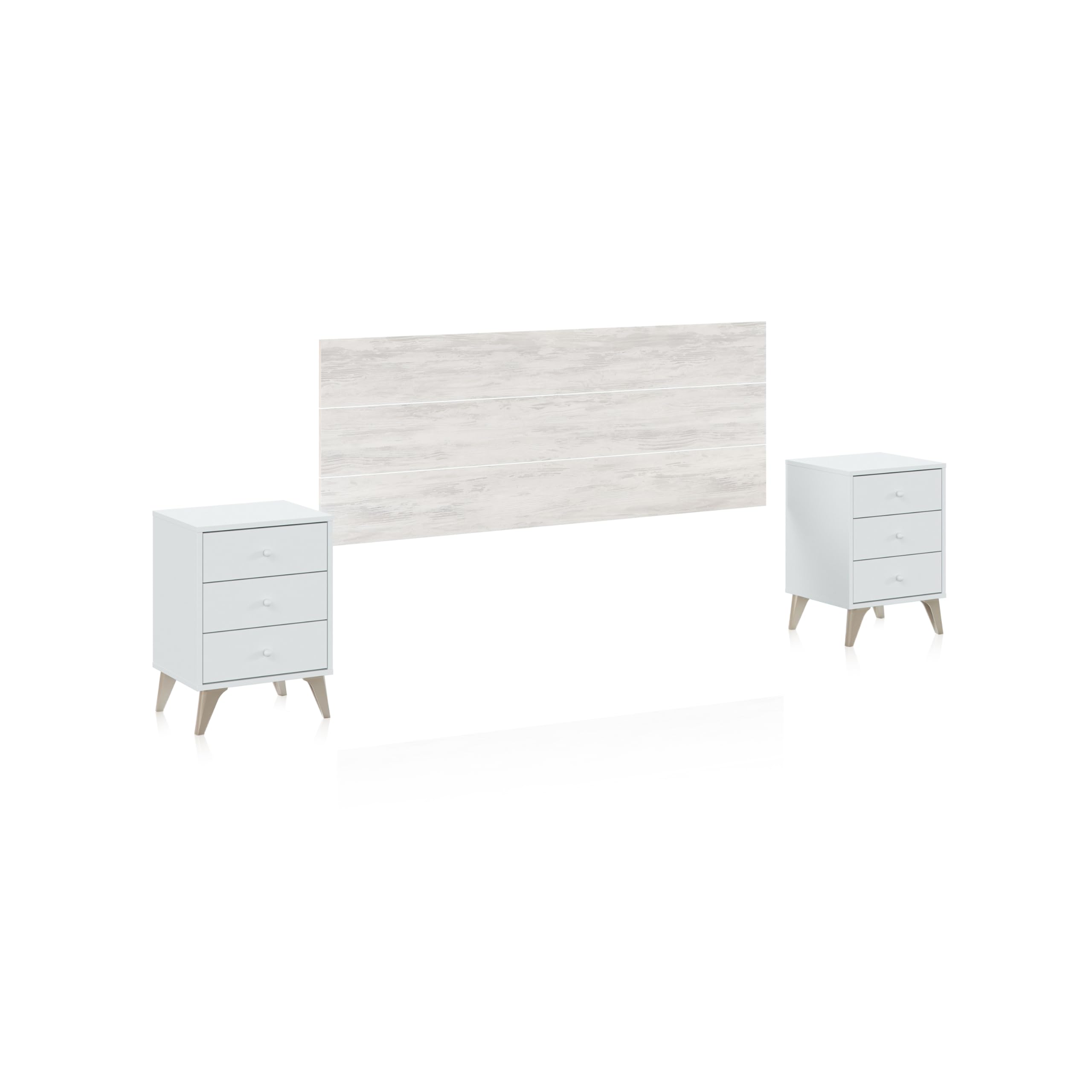 duehome | Pack Cabecero y 2 Mesitas de Noche, Dormitorio Doble, Dormitorio Completo, Modelo Iconic, Acabado en Blanco Artik y Blanco Velho