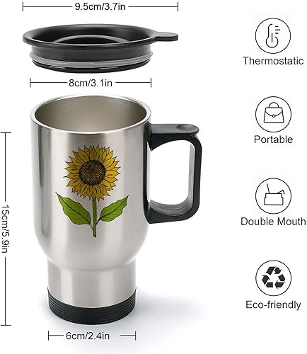 Miniatura 10 de Taza de café de viaje de girasol con asa y tapa, vaso aislado de doble pared