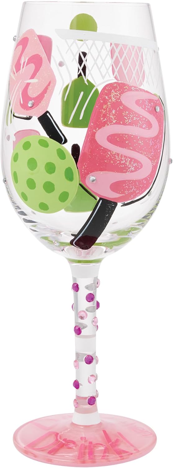 Enesco Lolita Dink then Drink Pickleball Hand-Painted Artisan Wine Glass, 15 Ounce, Multicolor