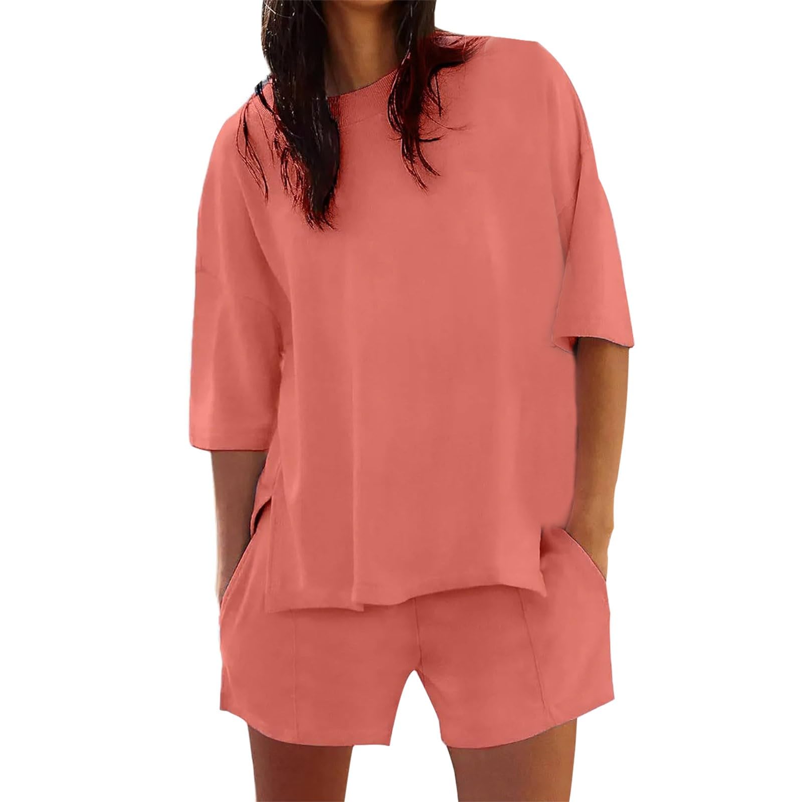 Womens Shorts Sets 2 Piece Outfits Summer 2025 Half Sleeve Crew Neck Cotton Lounge Sets Matching Clothing