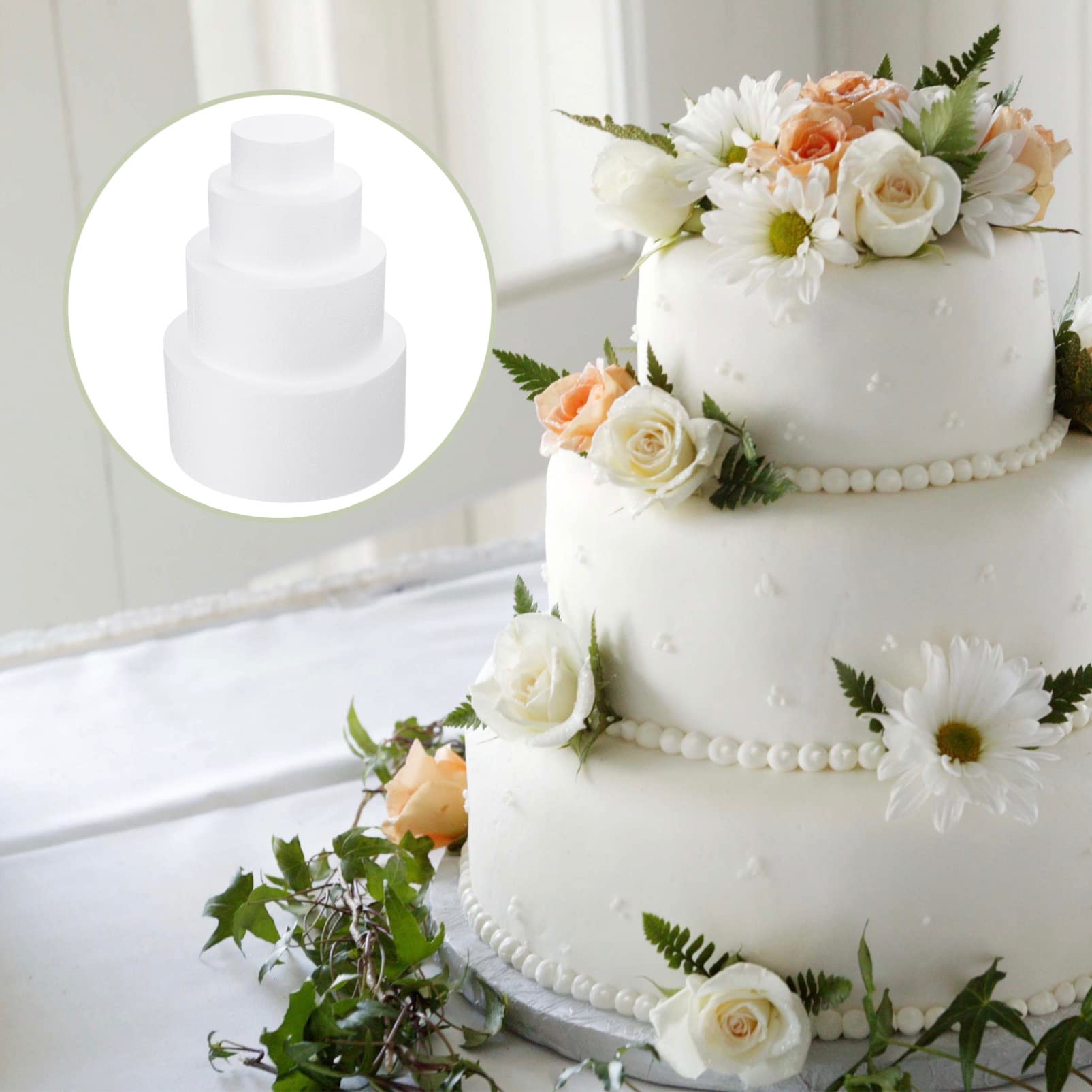 Happyyami 4 Stück Kuchen-Embryo-Modell Schaumkuchenkreise Runde Tortenattrappe Torten Dummies Rundes Styropor Kuchen Runden Schaumtortenattrappen 4-stöckig Weiß Dekorativer Rahmen Künstlich