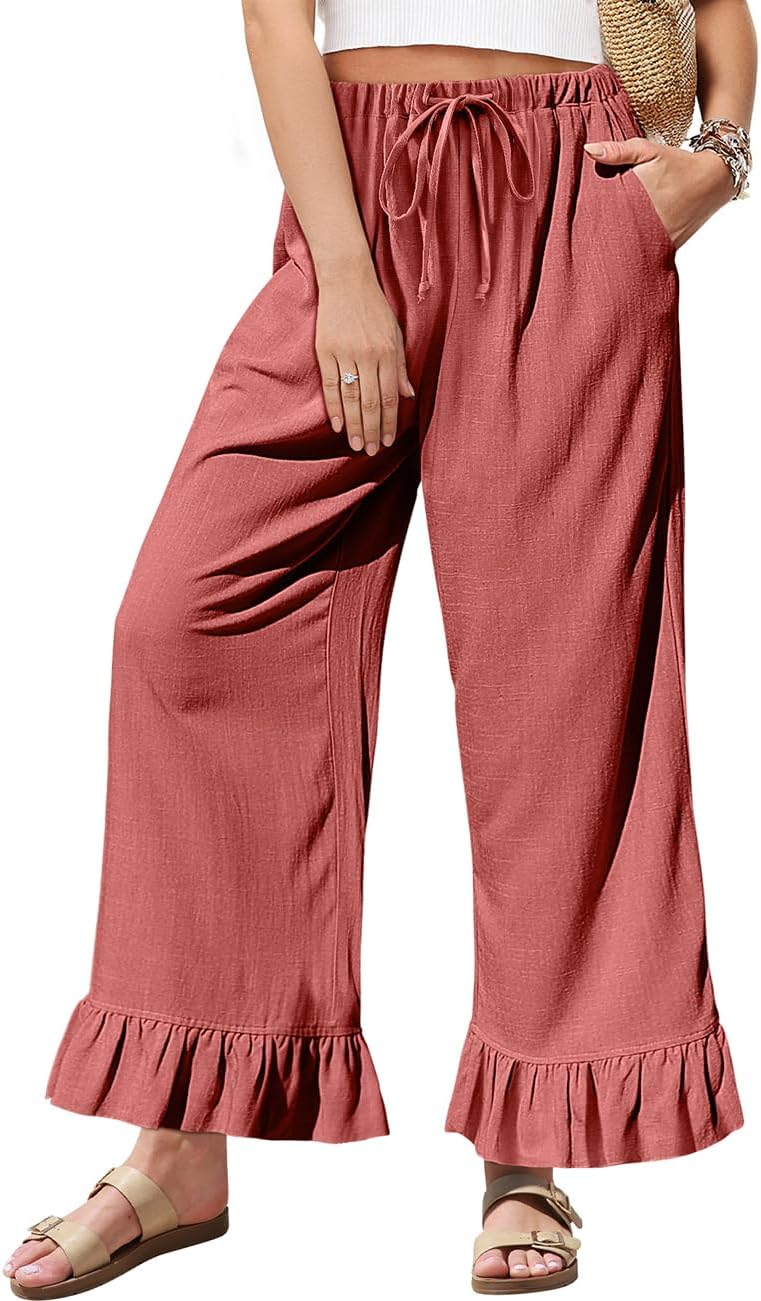 TARSE Women’s Linen Casual Pants Flared Leg Wide Leg Drawstring Ruffle Harem Palazzo Pants with Pockets