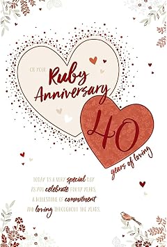 Ruby 40th Wedding Anniversary Card, Heart Design with Floral Details
