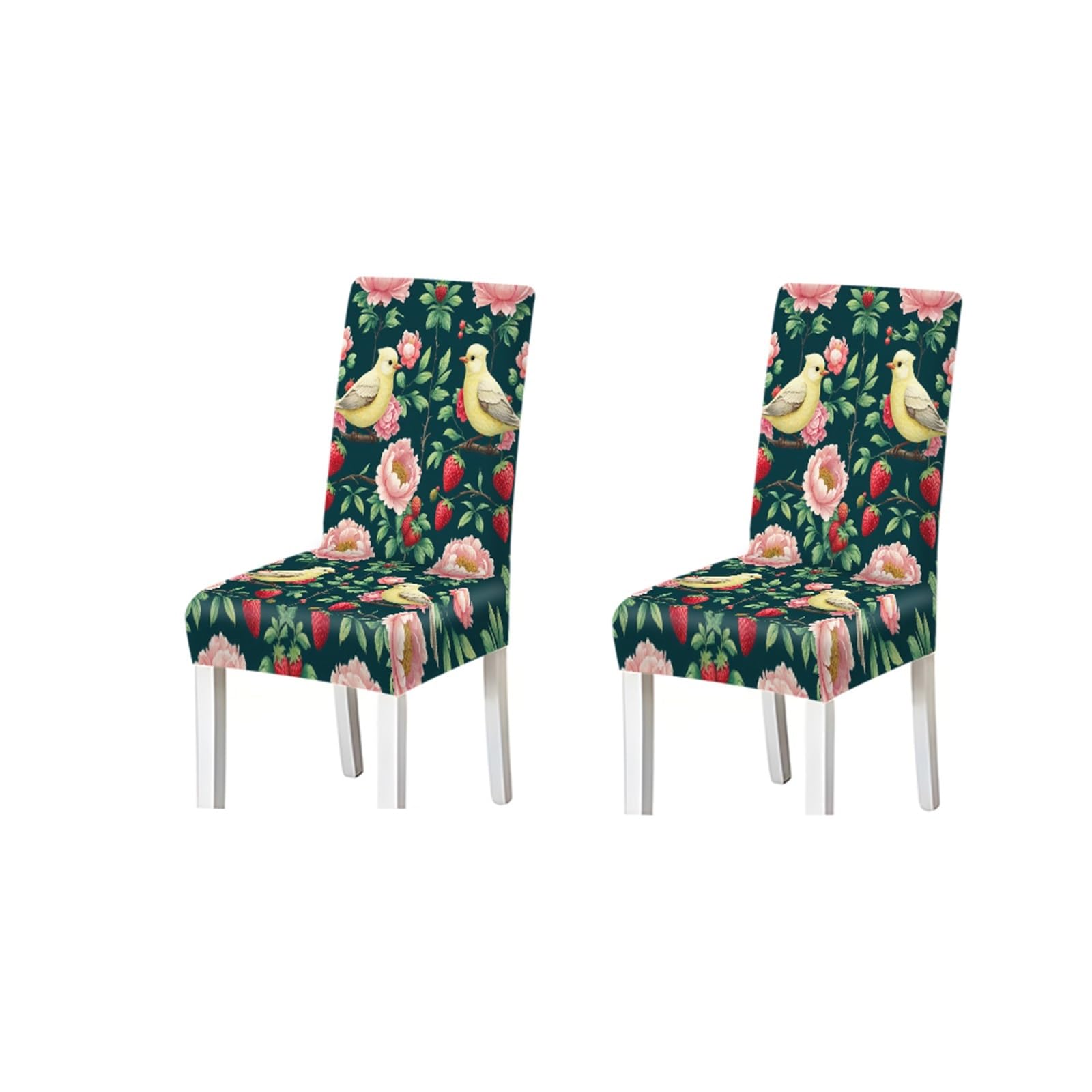 KXUAUV Teal Yellow Bird Strawberry Peony Floral Pattern Print Dining Chair Covers Set Of 2/4/6, Stretch Slipcovers For Kitchen Dining Room Seat Protectors for Restaurant Hotel Party(2PCS Chair cover)