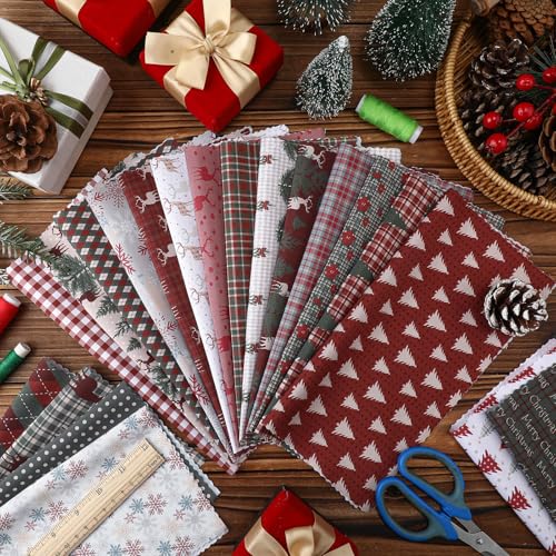 Oudain 60 Pcs 10 x 10 Inch Woodland Christmas Quilting Fabric Vintage Christmas Fat Squares Patchwork Precut Strips Reindeer Poinsettia Plaid Snowflake Fabric Bundles for Xmas Winter DIY Craft Sewing